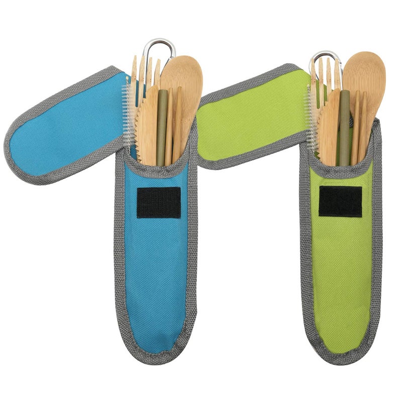 UPTRUST 2 Set Bamboo Cutlery Set Bamboo Travel Utensil Reusable Table cutlery Fork Knife Spoon Chopsticks Straw Cleaning Brush for Travel Picnic School Officeï¼ˆSkyblue& Greenï¼‰ - Image 2